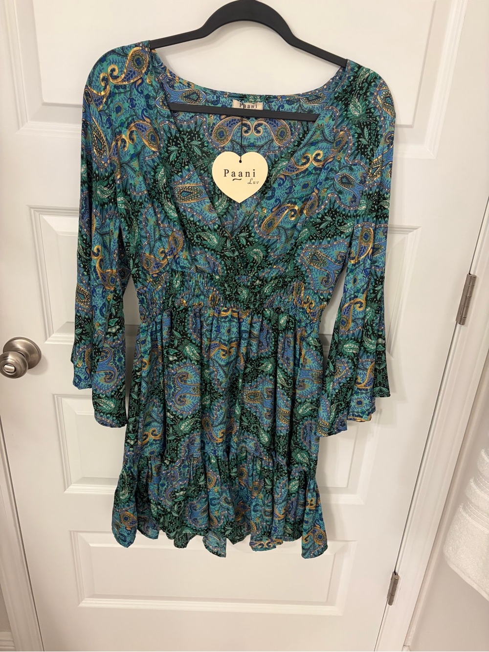 Teal Paisley Long-Sleeve Tiered Dress - Picture 1 of 3